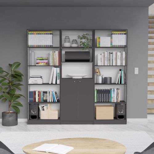 Lecanto 3 Piece Home Bookcase set, 74" Wide with 13 Shelves and 2-door Cabinet , Living Room Set Matt Gray / White Lecanto 3 Piece Home Bookcase set, 74" Wide with 13 Shelves and 2-door Cabinet , Living Room Set Matt Gray / White